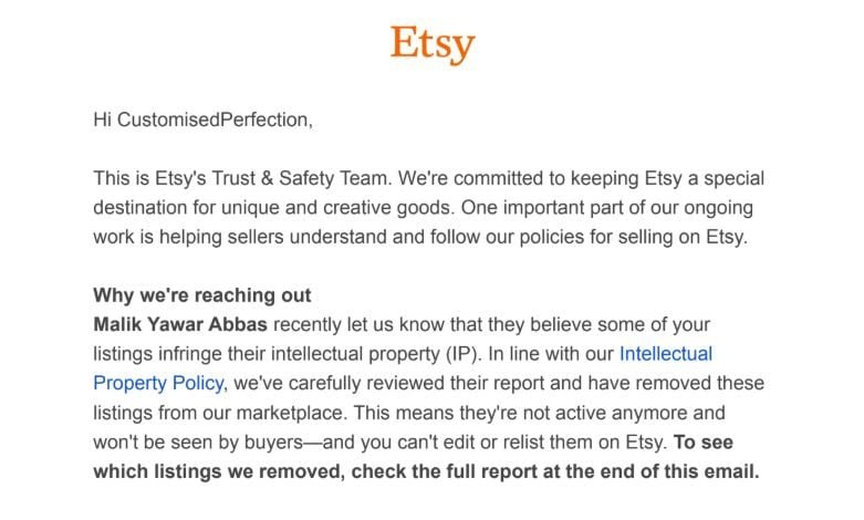 default-508 A screenshot of an email from etsy notifying a business that some of their listings were taken down from a site.