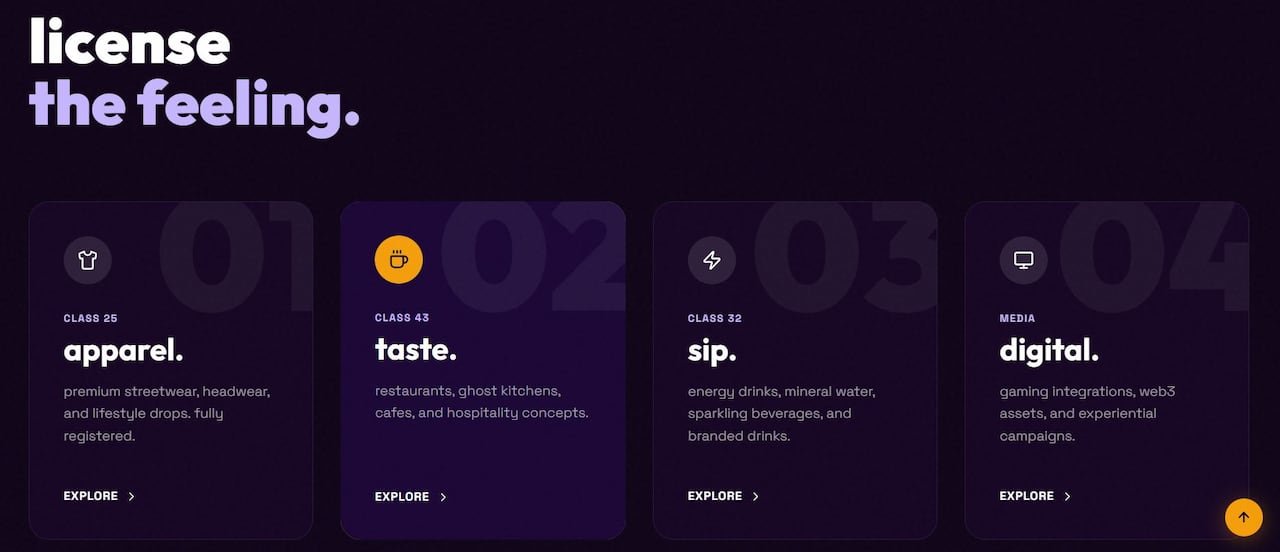 default-509 a screenshot of a purple website with white and purple text that says "license the feeling" and gives options for licensing the term "bruh"