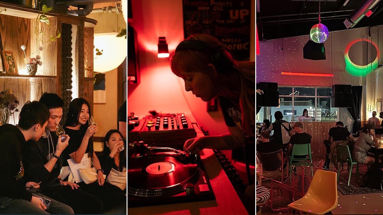 default-668 3 side-by-side images, left to right: a group of people sipping drinks in a bar; a DJ standing over a vinyl turntable; interior of a bar with people sitting at tables.